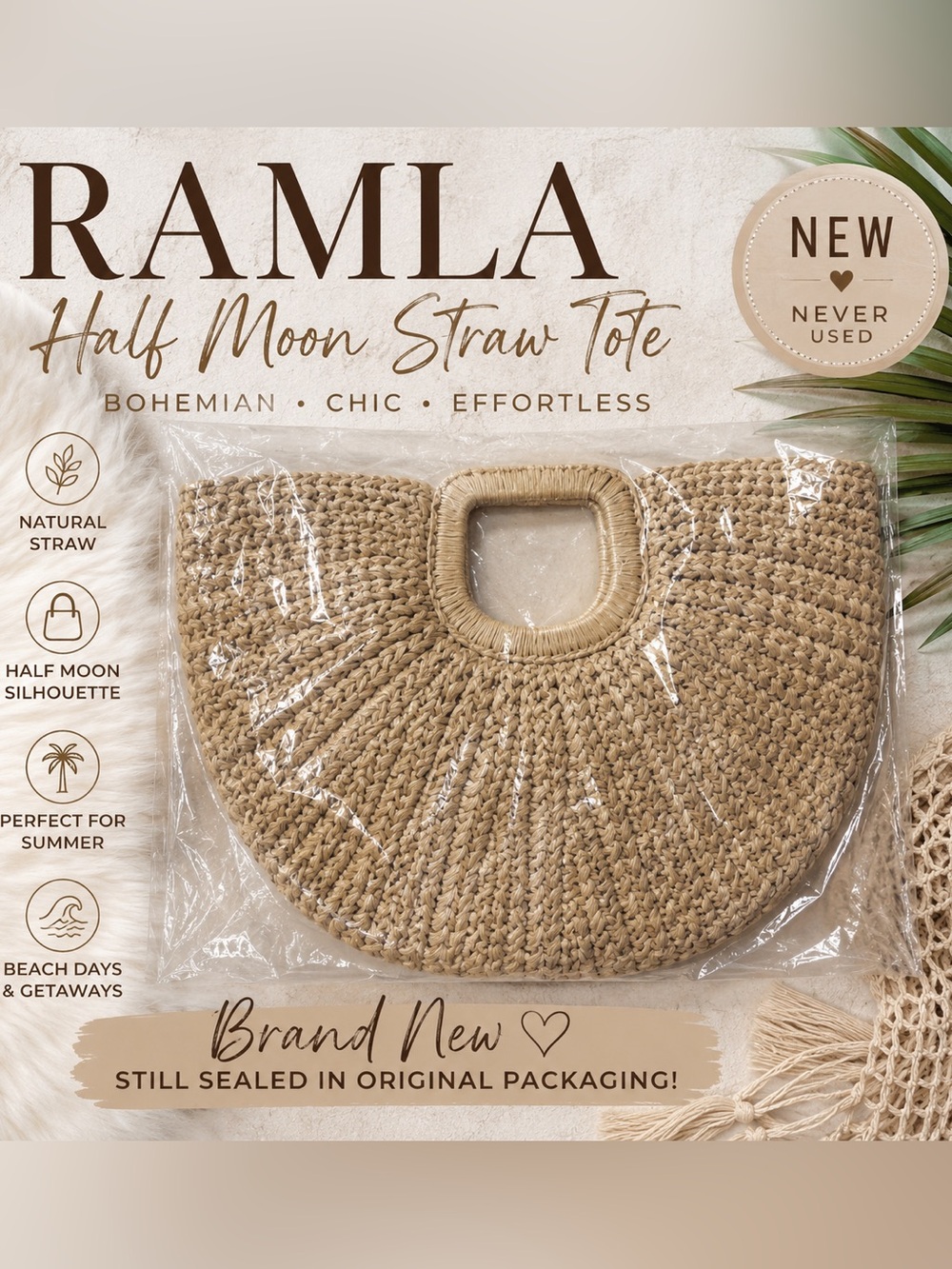 RAMLA Bohemian Half Moon Woven Straw Raffia Tote Bag Tan NWT